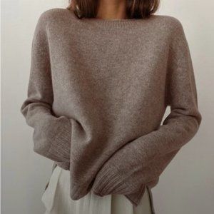 Jenni Kayne Everyday Sweater Taupe Brown Cashmere Wool Crew Neck Pullover